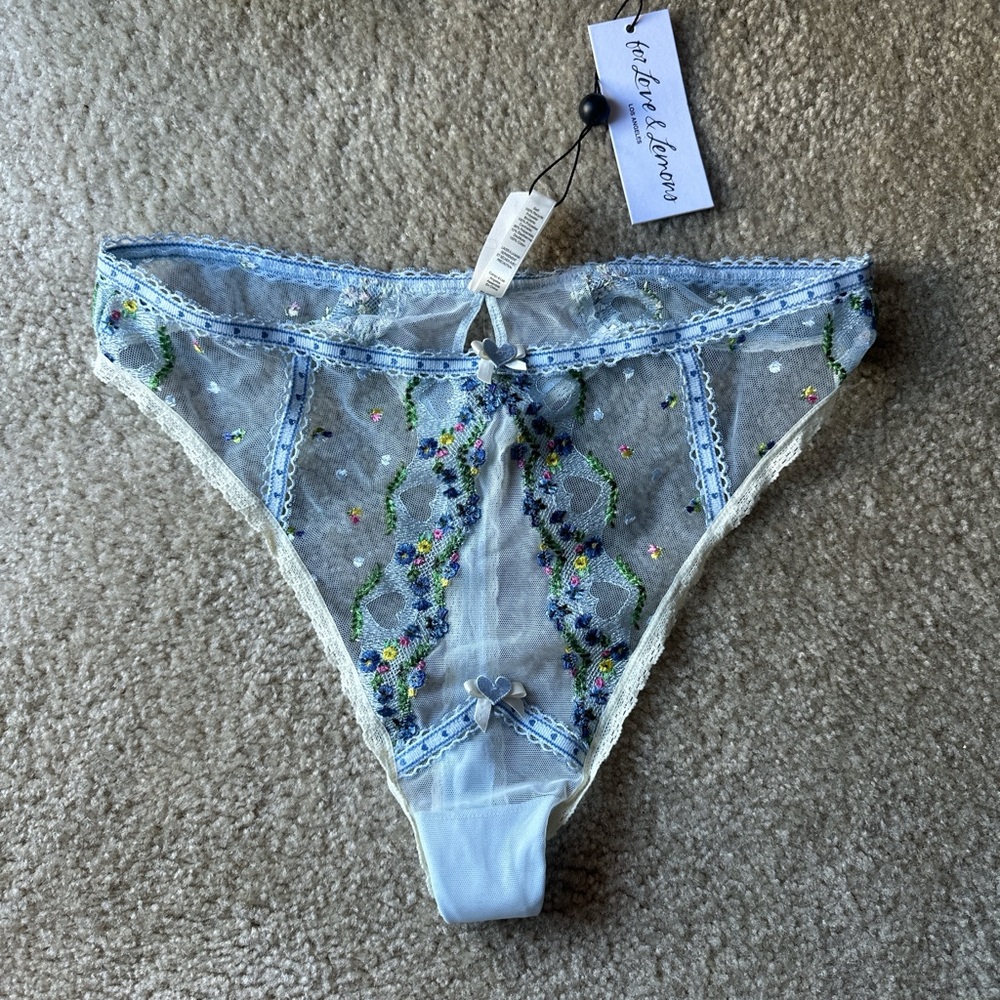 For Love & Lemons Light Blue Embroidered Sheer Thong Panty